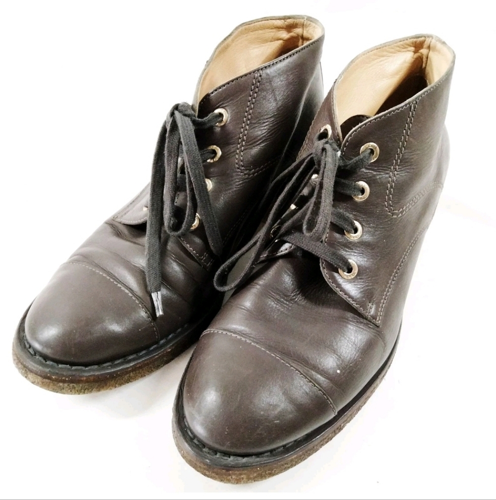 CHANEL dark brown Leather Lace-Up booties